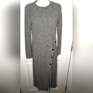 Ribbed Knit Button Front Split Hem Long Sleeves Long Dress, size small: shein